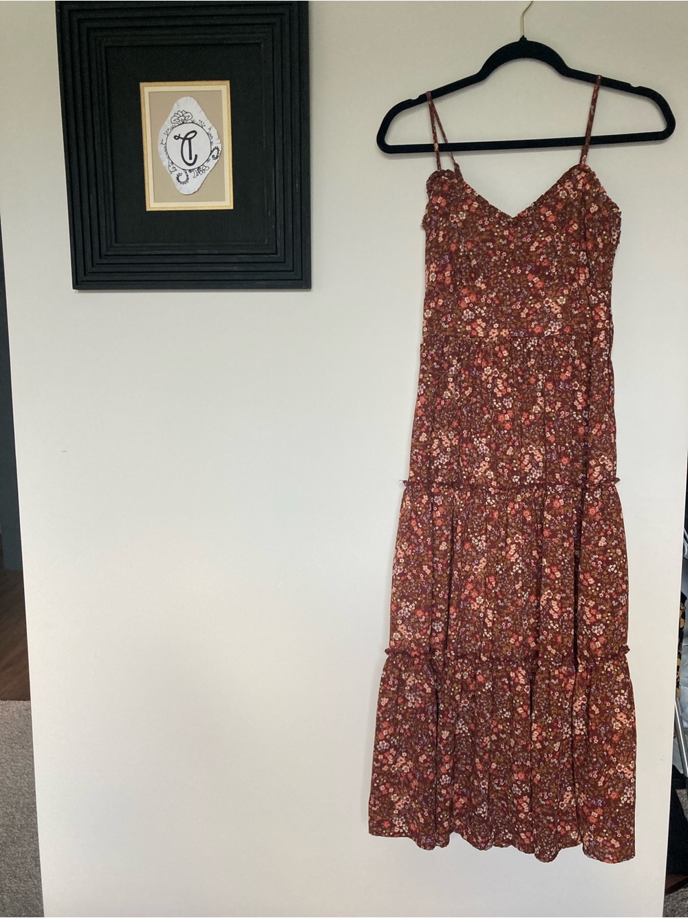 Floral boho Tiered Spaghetti-Strap Midi Dress in Rust